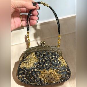 Christiana-Chic Beaded Sequined Evening bag. Vintage inspired black/bronze EUC!!